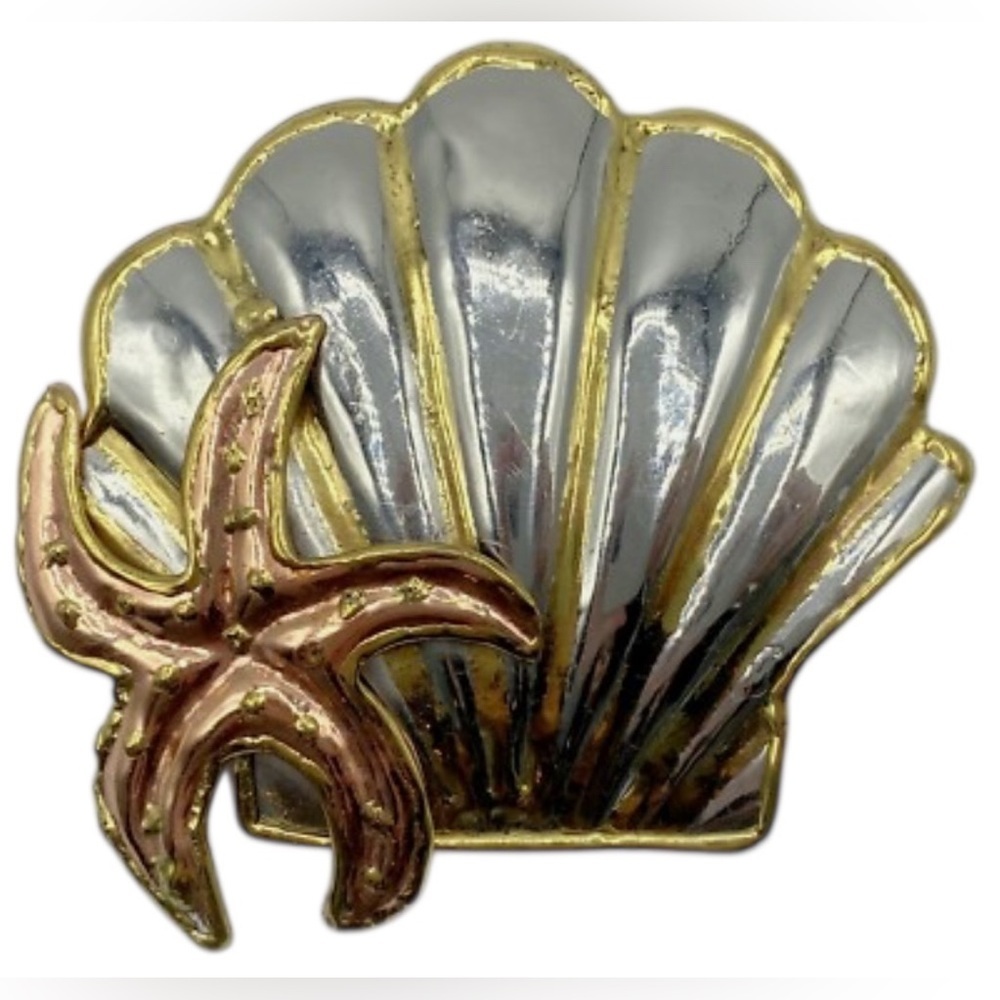 VINTAGE BROOCH STERLING SILVER PIN 3.25" OCEAN SEASHELL & STARFISH.